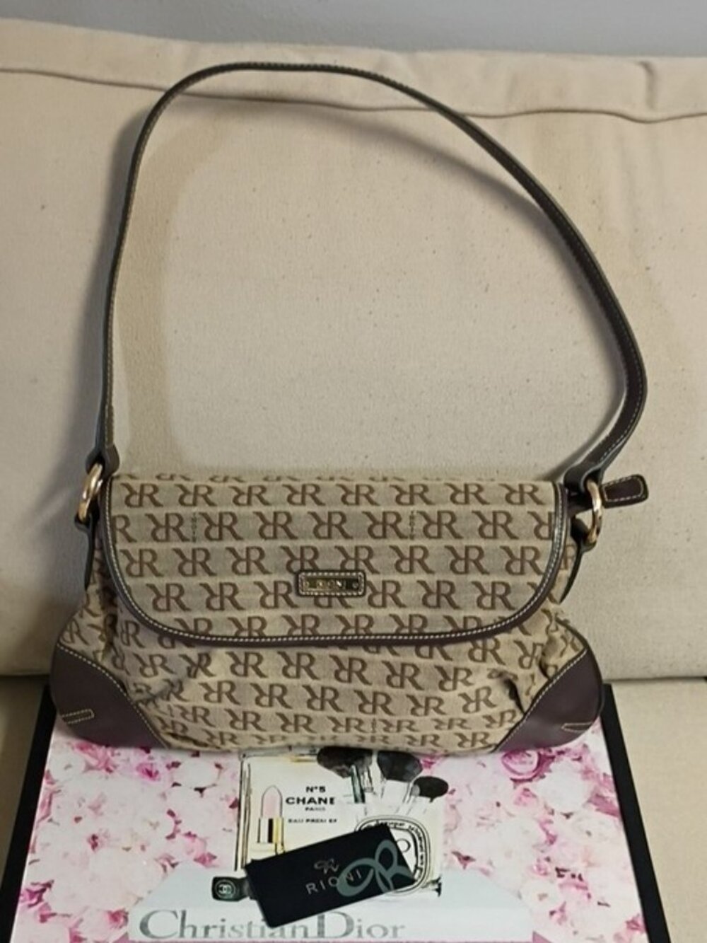 ❤️New RIONI ITALIA Canvas and Leather Monogram Tote Shopper Purse